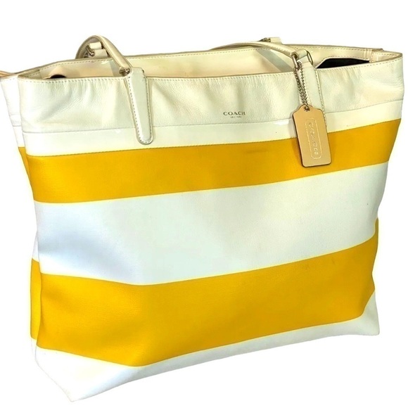Coach Handbags - COACH 30511 Sunglow & White STRIPES PVC & Leather Tote
